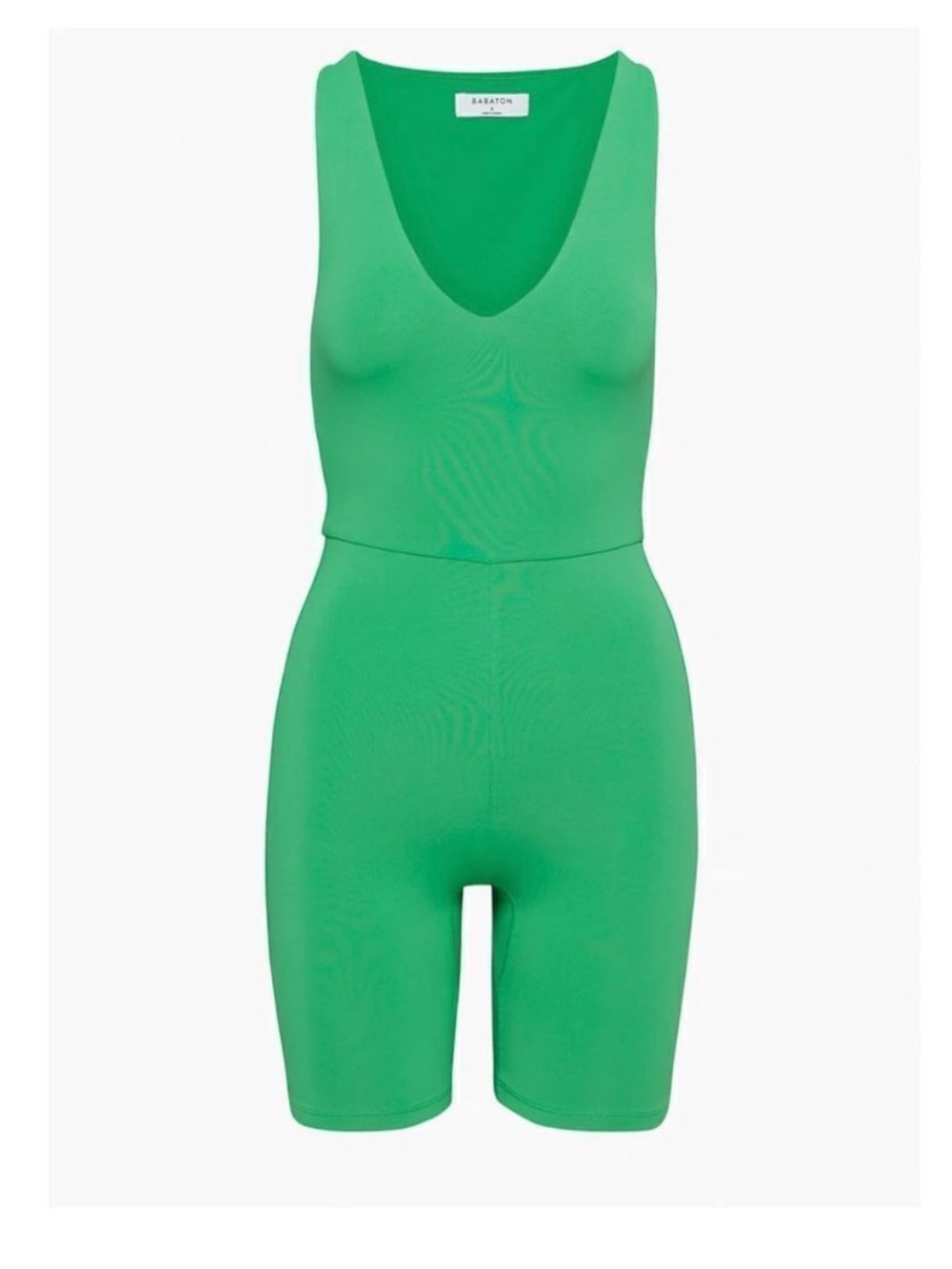 Aritizia Babaton Contour Gloss Green Sleeveless V-Neck Biker Shorts‎ Romper